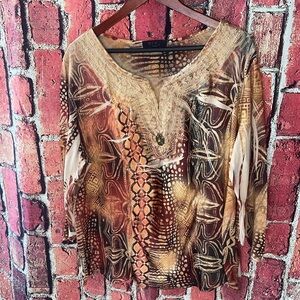 B.L.E.U Y2K Floral Peasant Top V-Neck Tunic 3/4 Sleeve Shirt Bead Embellished 2X